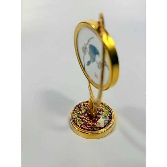 Silk Art Embroidered Bird Globe within Enamed Cloisonne Burgandy Red Brass Swive - Picture 11 of 16